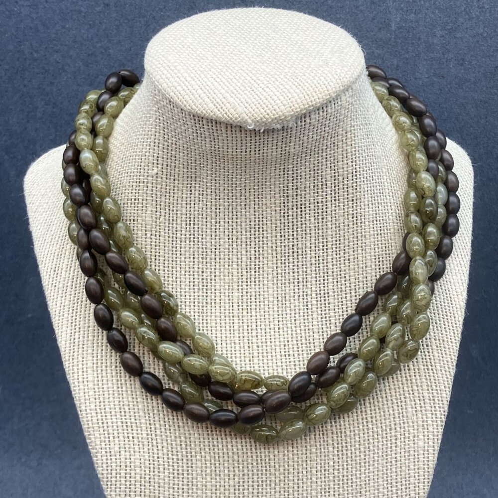 Chunky Layered Bead Necklace 16 In Olive Green Brown Glass Gold End Caps Vintage
